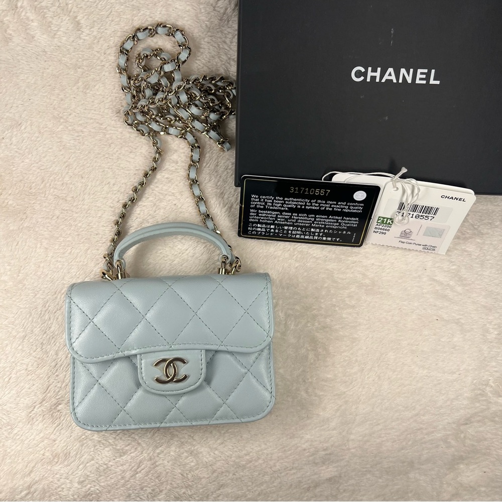 CHANEL 21K Lambskin Light Blue Quilted Flap Coin Purse with chain - Picture 8 of 9
